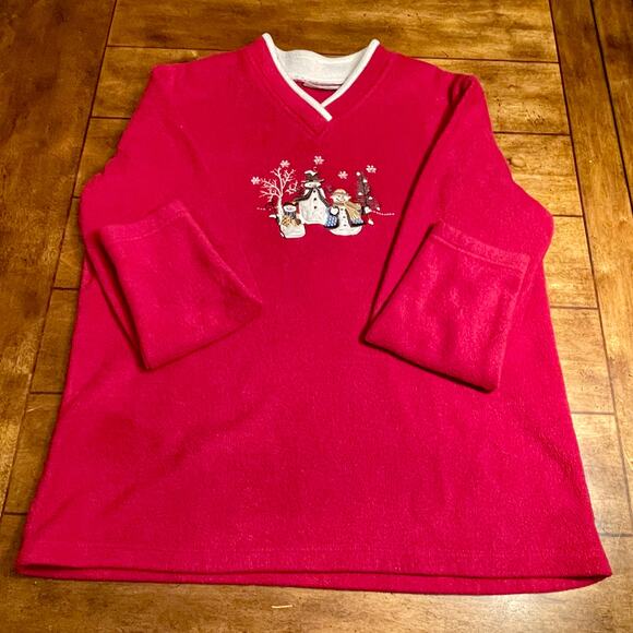 Croft & Barrow Vintage Holiday Snowman Fleece Pullover Top Womens L Red 35.0=R11 - Picture 3 of 8